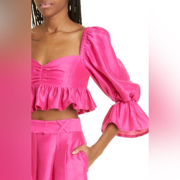 ALEMAIS Pink Ruffle Blouson 3/4 Sleeve Blaire Peplum Crop Top Fuchsia 2 - Picture 2 of 10